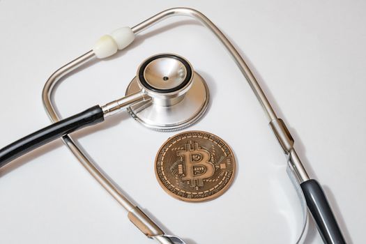 close up crypto currency coins on background
