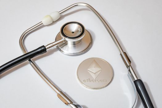 close up crypto currency coins on background