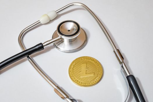 close up crypto currency coins on background