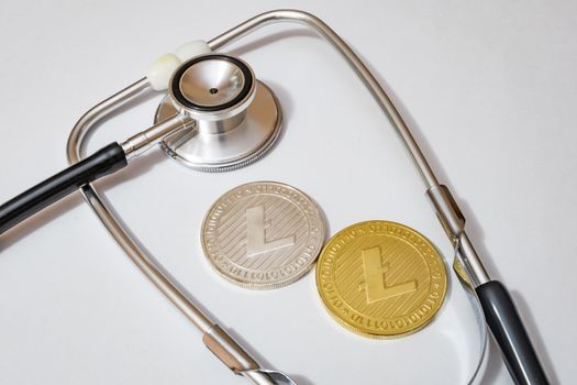 close up crypto currency coins on background