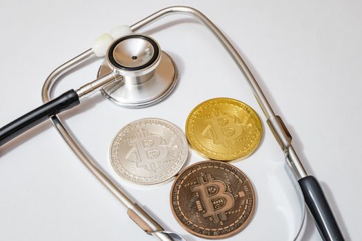 close up crypto currency coins on background