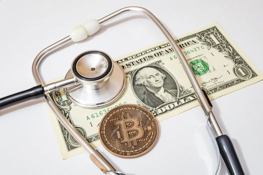 close up crypto currency coins on background