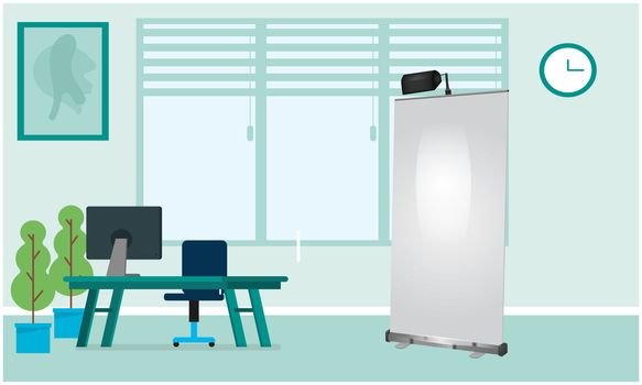 mock up illustration of roll up banner in a office