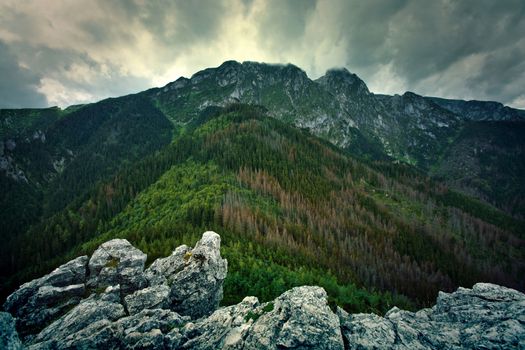 Mountains Landscape. Giewont mountains in Tatry, Poland. Nature in wilderness.