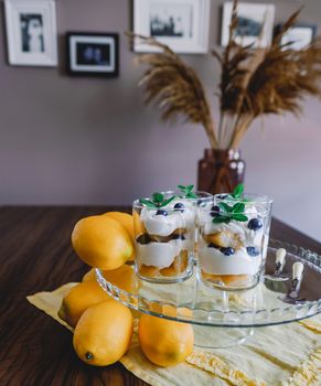 Top view of delicious dessert in glass cups.