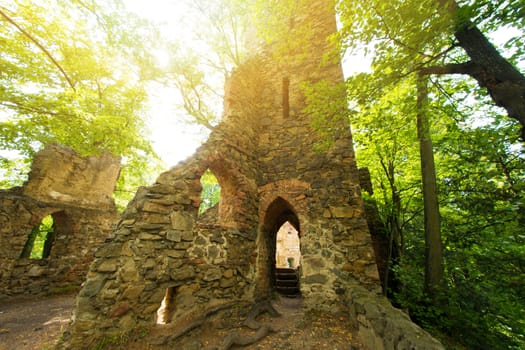 Abandoned place. Castle ruins in the green forest.