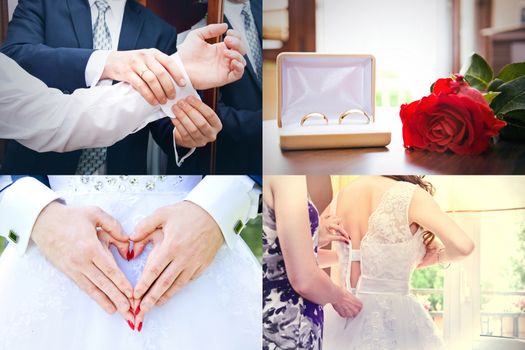 Wedding collage. Wedding rings, preparation, bride, young couple concept.