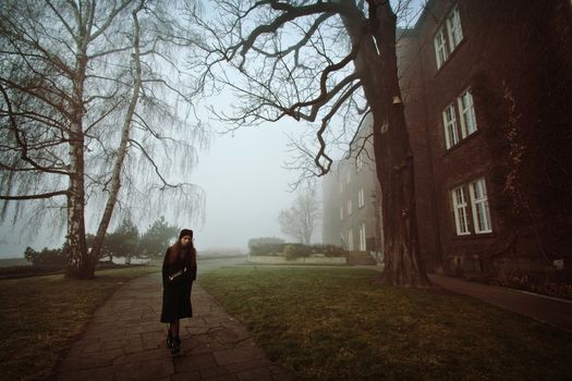 Lonely woman walking in the foggy park in the morning. Fog in the park.