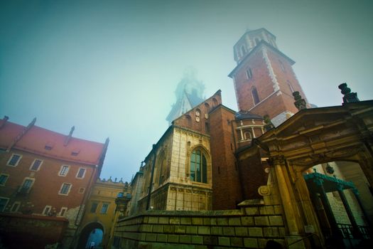 Church in fog. Basilica of Saints Stanislaus and Wenceslaus on Wawel, Cracow.