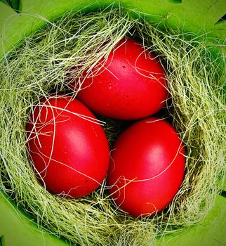 red colored Easter eggs in a green basket with green grass close up shot