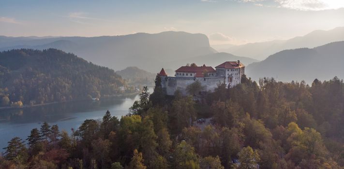 Aerial panoramic view of Lake Bled and the castle of Bled, Slovenia, Europe. Aerial drone photography.