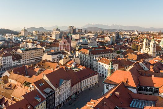 Panoramic view of Ljubljana, capital of Slovenia, at sunset. Empty streets of Slovenian capital during corona virus pandemic social distancing measures in 2020.