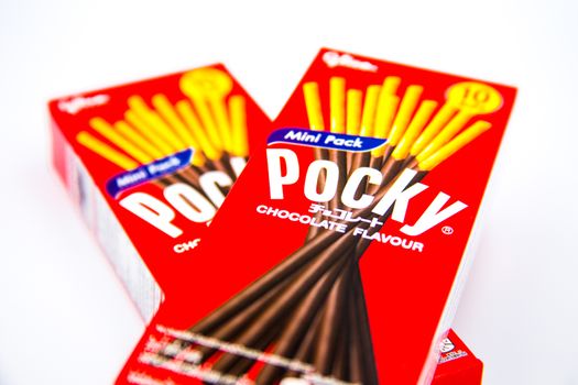 Bangkok, Thailand, May 15 2020.The original Pocky now in a mini sized pack! Pocky Chocolate is a stick dipped in smooth chocolate cream.