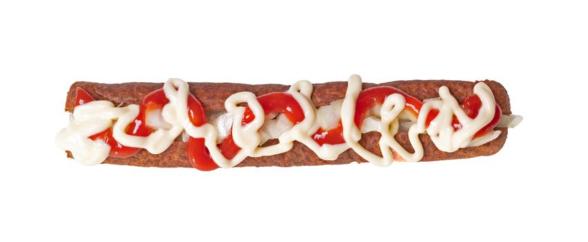 One frikadel with ketchup, mayonnaise on chopped onions, a Dutch fast food snack called 'frikadel speciaal', the Netherlands