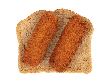 Brown crusty dutch kroketten on a piece of bread, isolated on a white background