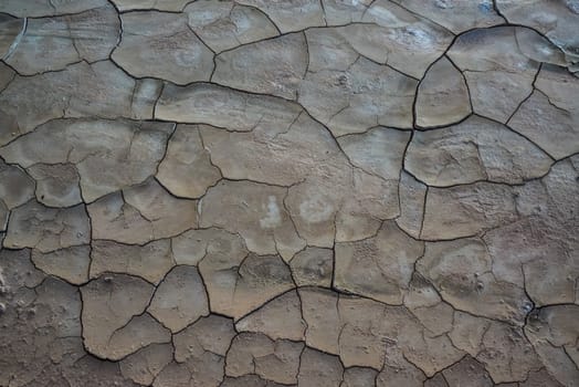 Cracked red clay and white salt on the surface in a dried riverbed in the desert of New Mexico, USA