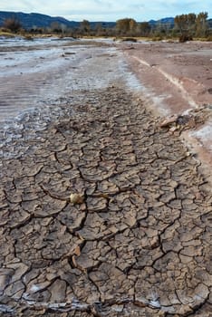 Cracked red clay and white salt on the surface in a dried riverbed in the desert of New Mexico, USA