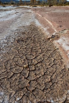 Cracked red clay and white salt on the surface in a dried riverbed in the desert of New Mexico, USA