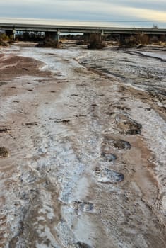 Cracked red clay and white salt on the surface in a dried riverbed in the desert of New Mexico, USA