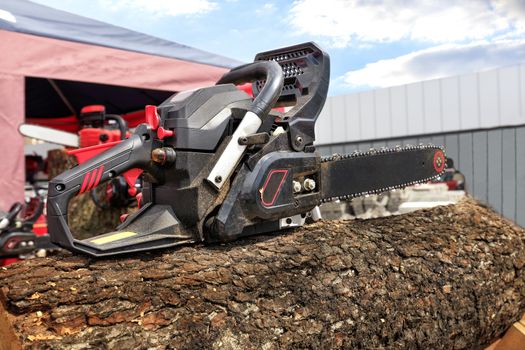 Black powerful chainsaw lies on a large bark-covered log. The concept of cutting wood.