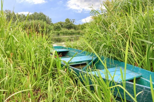 The green wooden boat is hidden by the green leaves of the reeds on the bank of a calm river against the blue cloudy sky.