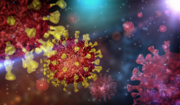 3D rendering of virus on blue and red background. Coronavirus COVID-19 microscopic virus corona virus disease 3d illustration. 