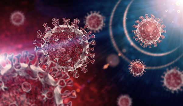 Coronavirus COVID-19 microscopic virus corona virus disease 3d illustration. 3D rendering of virus on blue and red background.
