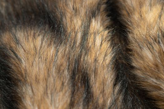 Close-up of a fluffy dark brown faux fur fabric with a background texture. Brown artificial fabric, can be used as a background. Fur for toys or clothing. Eco-friendly replacement of natural fur.