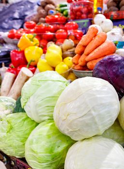 White, green and red cabbage on a market counter against the background of bright and juicy other vegetables and citrus fruits in blur in daylight.