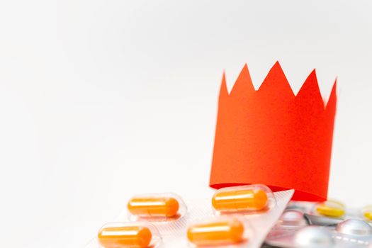 Coronavirus treatment with pharmaceuticals. Sale of pills in pharmacy. Medical industry. Medicines for diseases. 