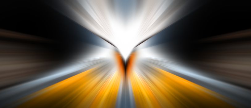 Dynamic lines of light. Light from central point. Bright flash of light. Dynamic movement in space. Highway Perspective. Motion blur.