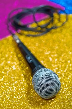 Professional dynamic microphone. Concert microphone for voice recording and sound enhancement. Sound equipment.