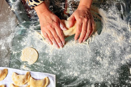 A woman kneads the dough with her hands and prepares tasty and satisfying dumplings. Ukrainian national cuisine, close-up, copy space.