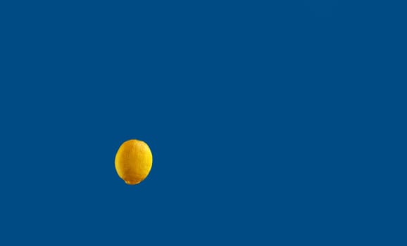 Yellow full lemon isolated on a classic blue background, close-up.