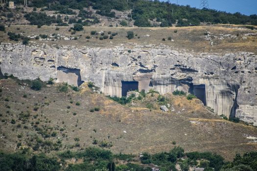 Ancient quarries in the rocks. Evidence of an ancient highly developed civilization. Crimean peninsula.