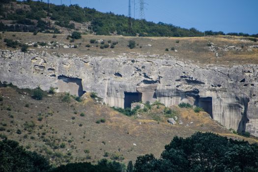 Ancient quarries in the rocks. Evidence of an ancient highly developed civilization. Crimean peninsula.