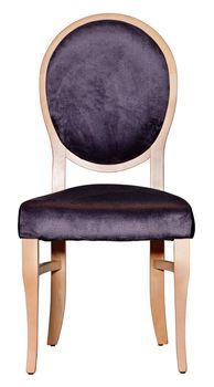 Classic wooden chair with soft dark purple upholstery and a round back, photographed in front, isolated on a white background.