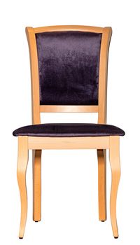 Wooden classic chair with soft dark purple upholstery on the seat and back, photographed frontally, isolated on a white background.
