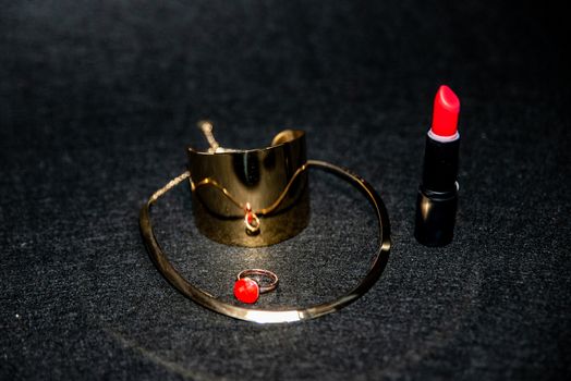 bracelet, necklace, ring and lipstick set