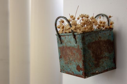 Bunch of tinny artificial flowers, hay colored, inside a blue metal box, very old and rusted, hanging on the wall