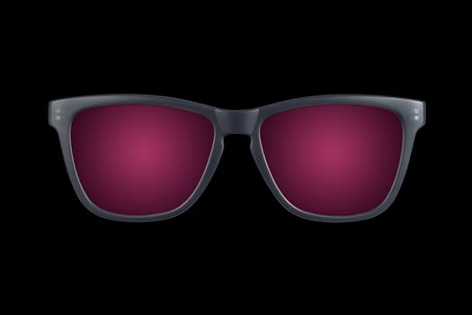 A pair of grey sunglasses with purple lenses on black background