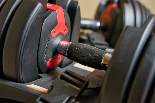 Adjustable dumbbells sitting on stand. Isolated set of weights with safety straps visible.