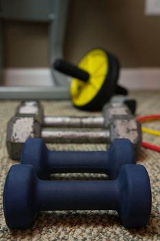 Row of dumbbells sitting on carpeted floor for use in home gym workout. Home exercise equipment for staying active while gyms are closed.