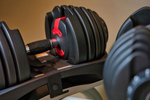 Dumbbells sitting on rack. Adjustable bowflex weights on stand.