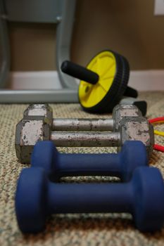 Row of dumbbells sitting on carpeted floor for use in home gym workout. Home exercise equipment for staying active while gyms are closed.