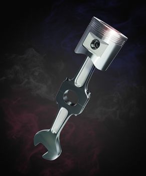 Piston and wrench made of aluminum with chrome color in dark and smoke.Isolate and clipping path. Concept of service maintenance and improvement engine of motorcycle and car. 3D illustrator rendering.