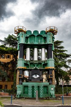 TERNI, ITALY MAY 08 2020:old steel press in front of the terni railway stationold steel press in front of the terni railway station