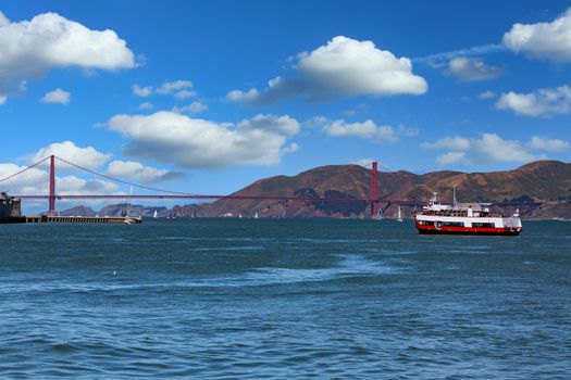 Ferry Sailing Toward Golden Gate Bridge near San Francisco