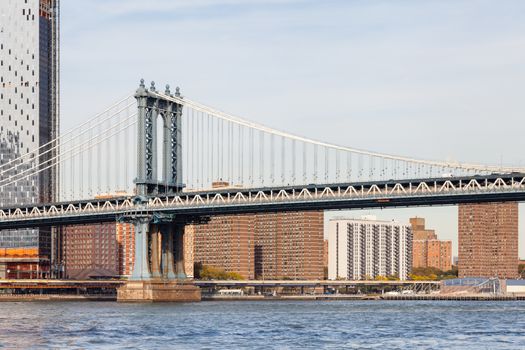 A view of Manhattan Bridge in New York City.  The bridge spans the East River connecting the boroughs of Manhattan and Brooklyn.