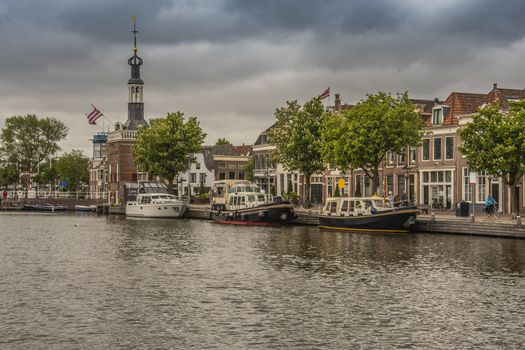 boats moored in the port of the city of Alkmaarr. netherlands holland